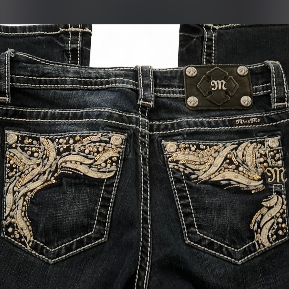 Miss Me Dark Blue Rhinestone Accent bootcut Jeans - Picture 3 of 5